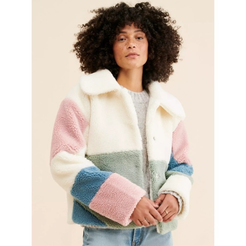 Anthropologie Colorblock Teddy Jacket in Cream, Pink, Blue & Green